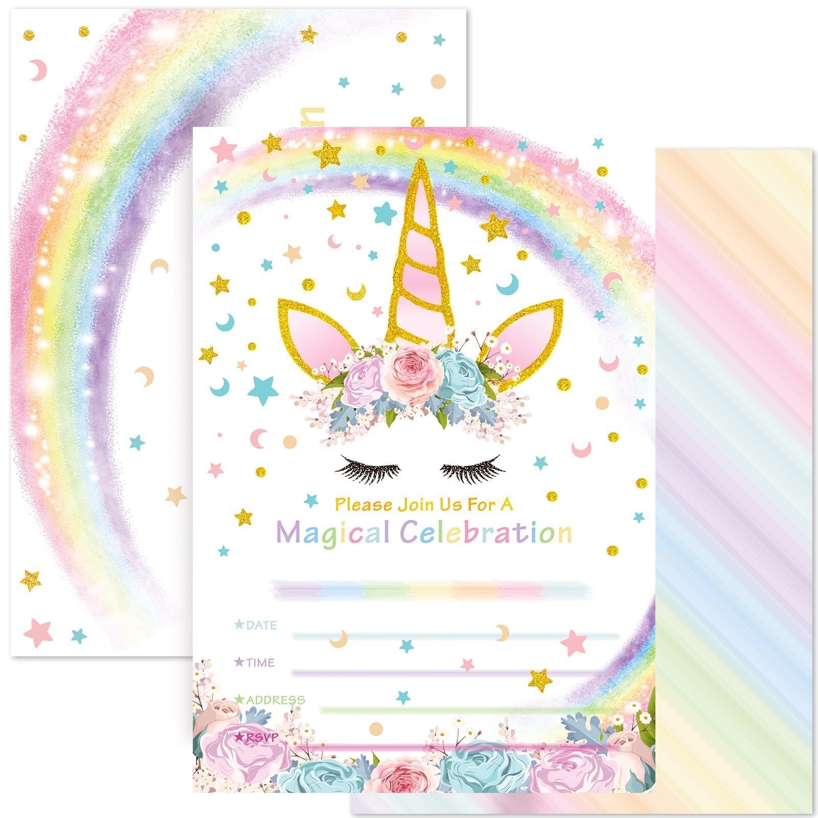 20 Sets Unicorn Party Invitations - Unicorn Party Suppies for Girls Birthday Invitation Cards with Envelopes Fill-in Blank Invite for Kids Summer Baby Shower Decoration