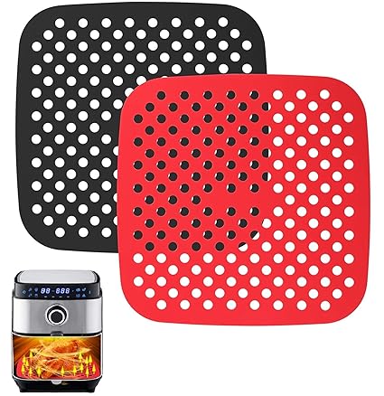 2 Pack Reusable Air Fryer Liners, 8.5 Inch Square Non-Stick Silicone Air Fryer Mats, Air Fryer Accessories, for 5.8 QT & Larger Air Fryers (black, red)