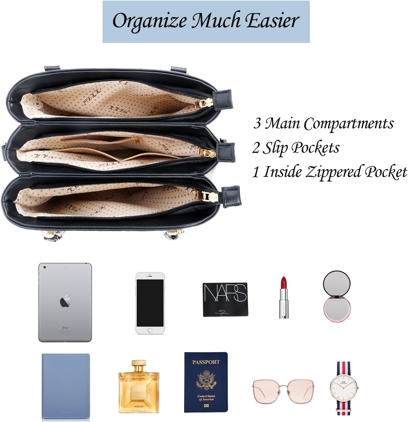 KKXIU 3 Zippered Compartments Purses and Handbags for Women Top Handle Satchel Shoulder Ladies Bags - Image 7