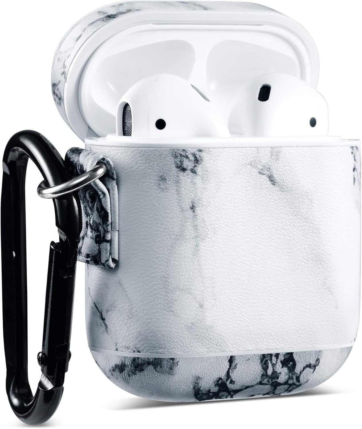 ULAK AirPods Case, Marble Protective Hard PC with PU Leather Upgrade Skin, Portable Shockproof AirPod Accessories with Keychain for Apple AirPod 2&1 Charging Case(2019)[LED Visible](WhiteMarble)