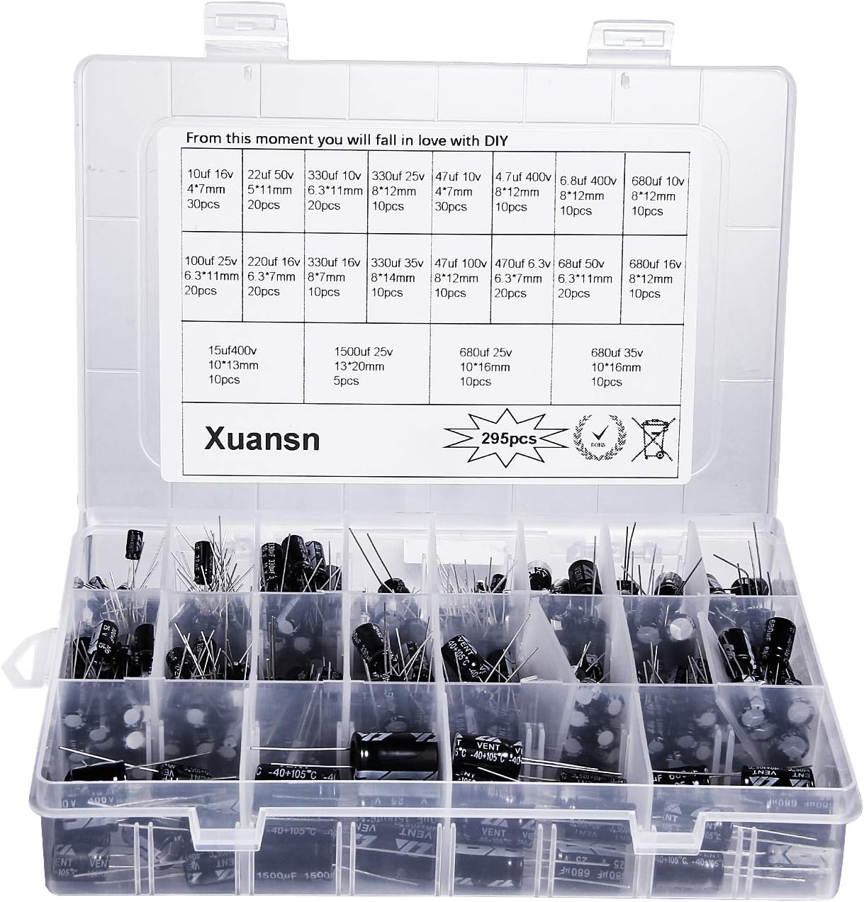 Capacitor 4.7UF 6.8UF 10UF 15UF 22UF 47UF 100UF 220UF 330UF 470UF 680UF 1500UF Electrolytic Capacitors Kit 6.3V 10V 16V 25V 35V 50V 100V 400V,295Pcs