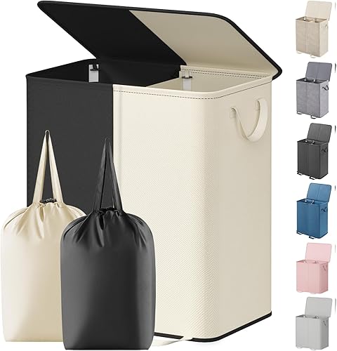 Miniatura 27 de Lifewit Cesta de lavandería doble con tapa y bolsas de lavandería extraíbles, gran plegable, 2 divisores, cesta de ropa sucia con asas para Negro