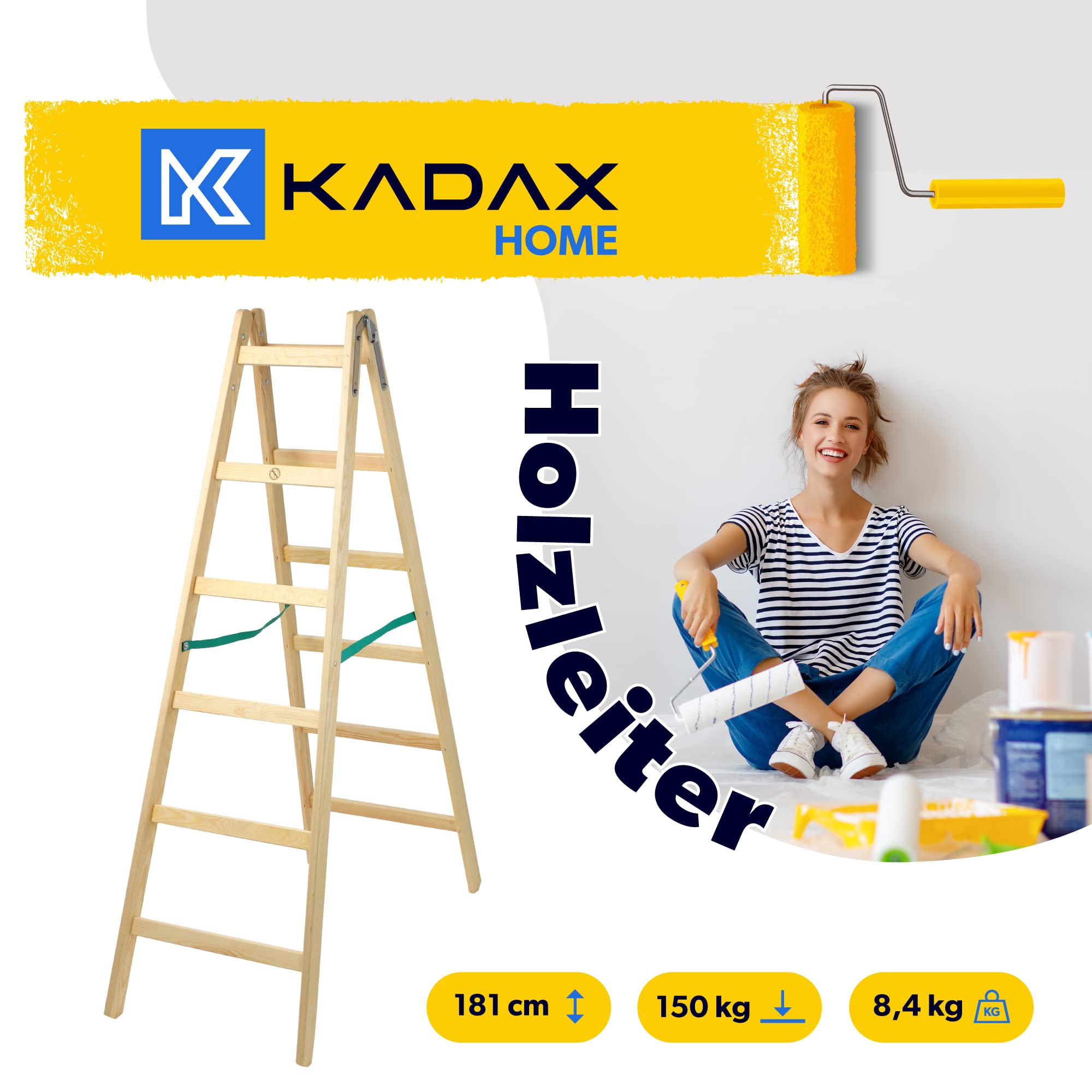 KADAX Échelle double en bois jusqu'à 150 kg, pliable, double marche avec crochet en acier pour peintre, électricien, escabeau ménager (6 échelons)