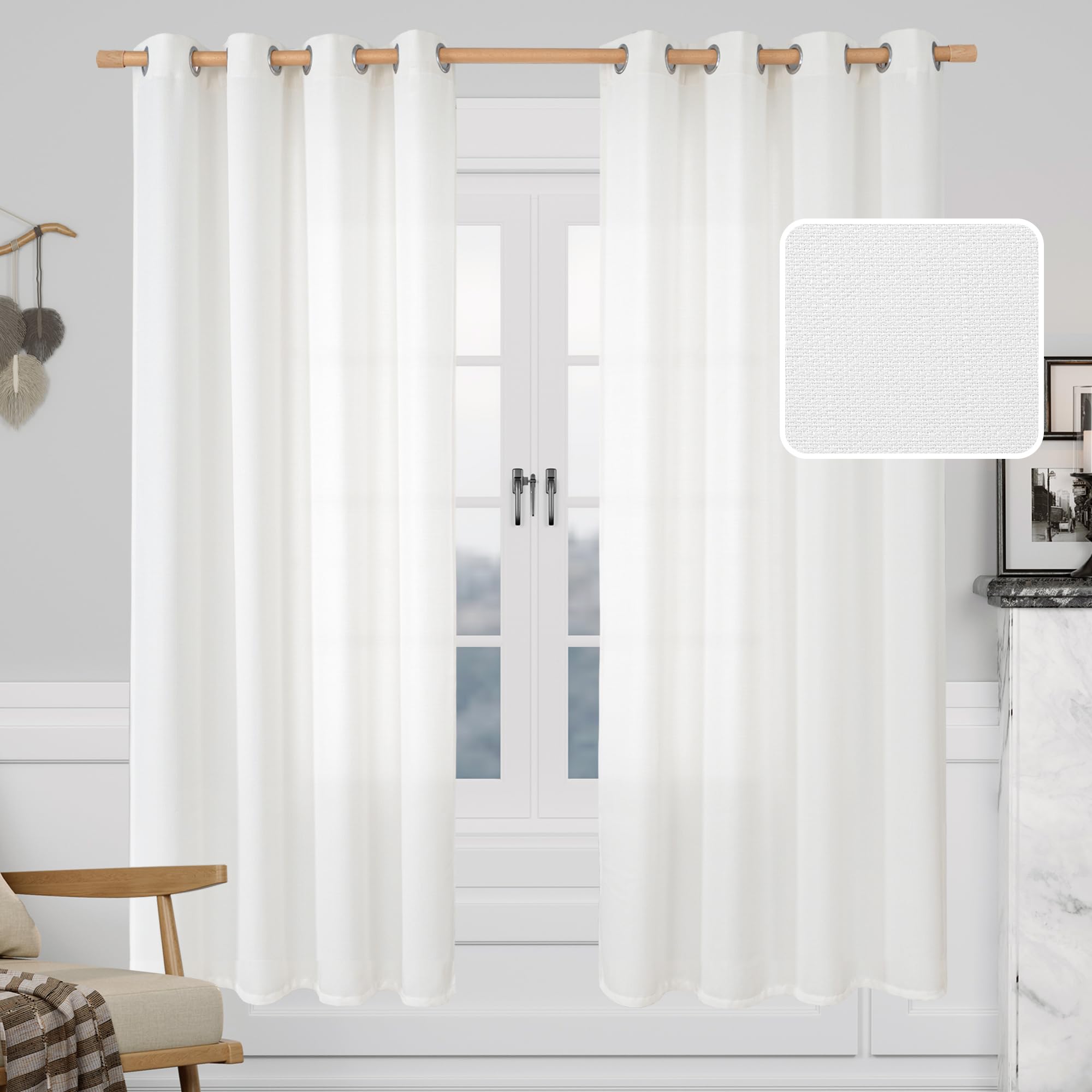 LAMIT White Semi Sheer Linen Curtains 72 Inches Long for Bedroom 2 Panels