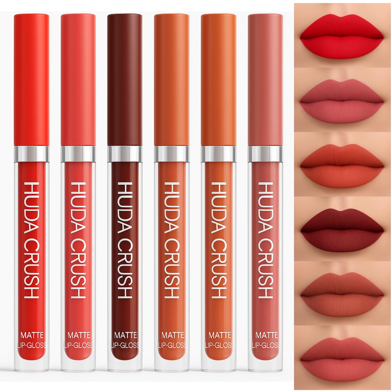 HUDA CRUSH 6-Piece Liquid Matte Nude Lipstick Set - Velvet Waterproof Mini Lipsticks for Women, Non-Stick Formula