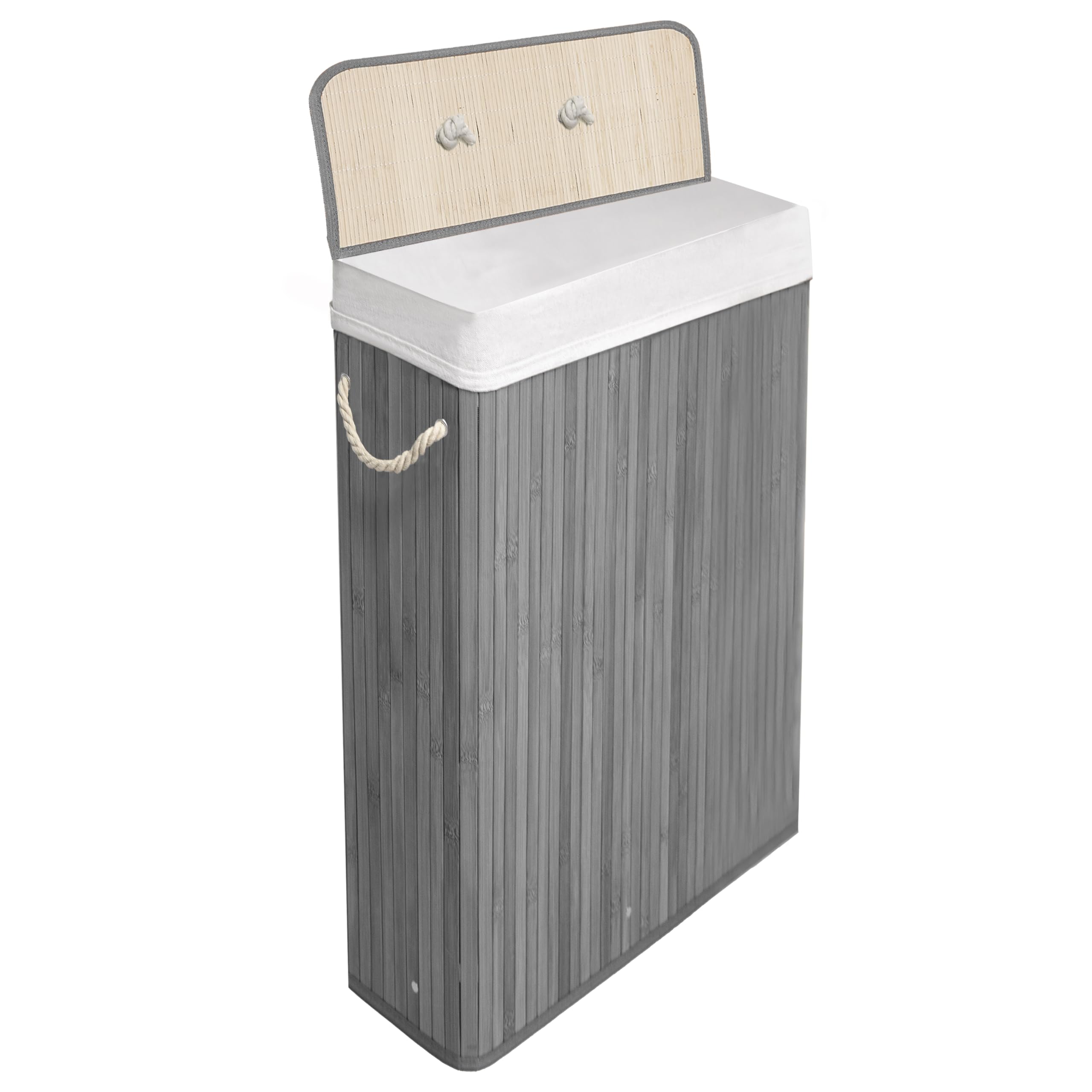 KNIGHT Bamboo Laundry Basket with Lid, 56L Slim Laundry Hamper with Handles & Removeable Washable Lining, Easy Assemble Storage Bin 44x20x60 cm (Grey)