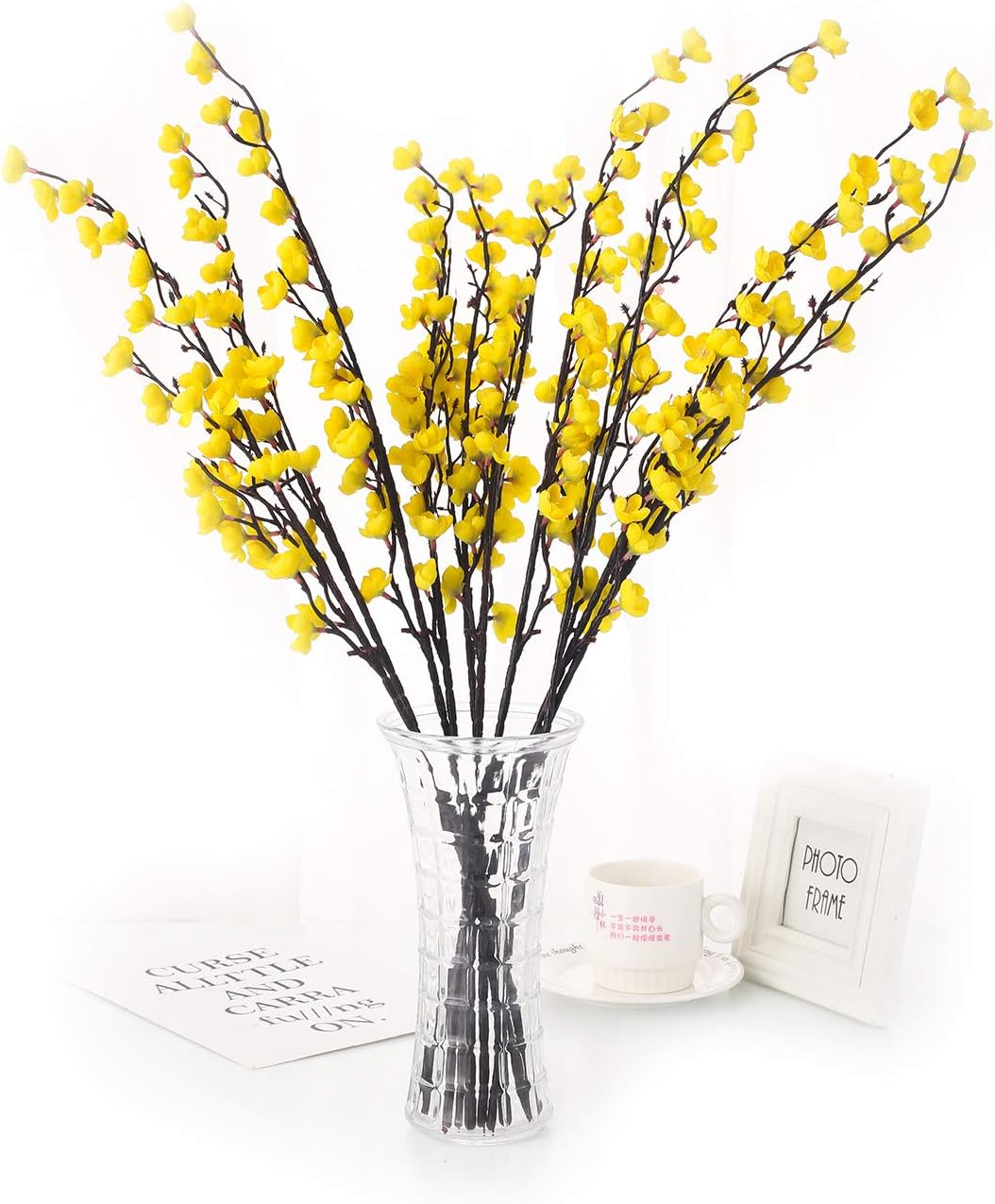 5 Pcs Artificial Plum Blossom Fake Wintersweet Long Stem Plastic Flowers Home Hotel Office Wedding Party Garden Decor 27.5'' High Yellow