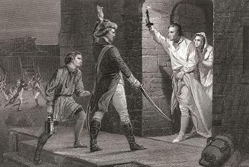 The capture of Fort Ticonderoga May 10 1775. An incident during the first months of the American Revolutionary War when a small force of American patriots led by Ethan Allen and Benedict Arnold surprised and took possession of the fort and its British garrison. The engraving shows Ethan Allen demanding the surrender of the fort from Captain William Delaplace the British commander. No man from either side was killed in the action. Poster Print by Ken Welsh 17 x 11