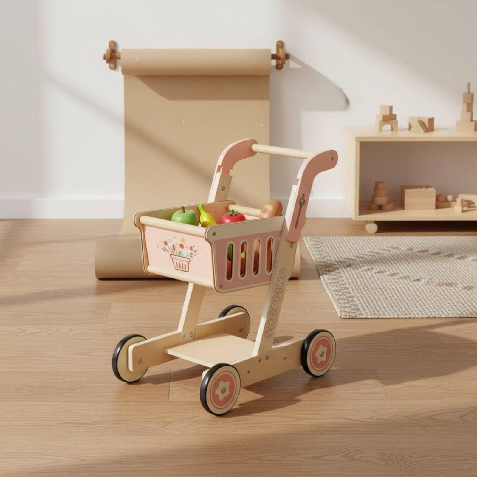 Harilla Kinder Einkaufswagen Spielzeug Holz Einkaufswagen Kinderwagen Rollwagen mit Holzrahmen Pushgriff Offener Ablage Und Seitenschlitzen für Rollenspiel Laden Alltag, Rosa Einkaufswagen