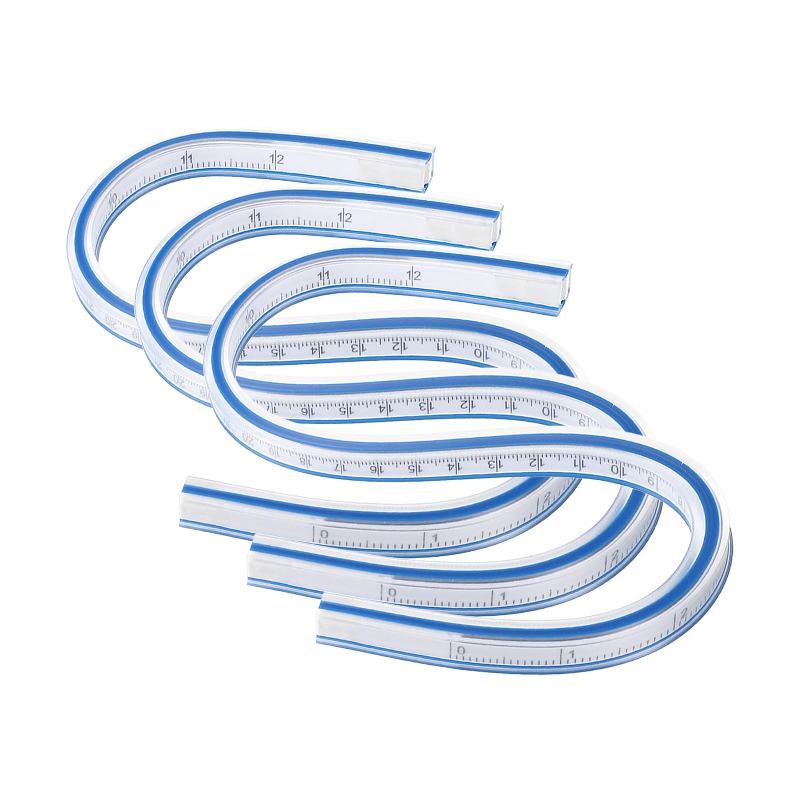 sourcing map 3pcs Flexible Curve Ruler 300mm (12") Metric and Inch Double Side Bendable Curve Plastic Graduated Rulers for Engineering Drawing Design Graphics Garment, Blue White