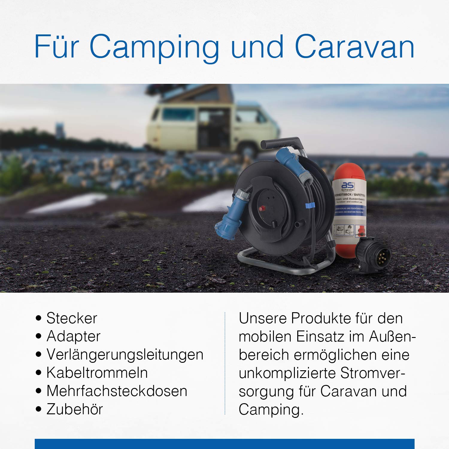 as - Schwabe Tragbarer CEE-Stromverteiler Stecky 14, CEE-Stecker + 4 Schutzkontakt-Dosen + 2 CEE-Buchsen, Mobiler Stromverteilerkasten, Verteilerdose für den Outdoor-Bereich, IP44, Made in EU, 60869