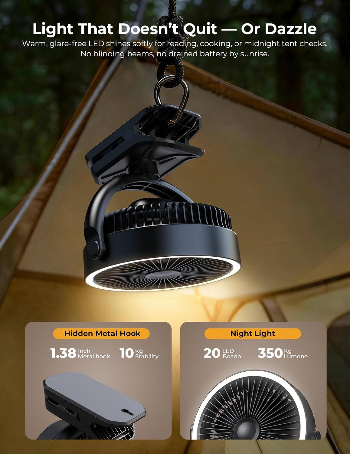 10000mAh Portable Clip on Fan Rechargeable, 8 Inch Battery Powered Desk Fan, LED Lantern, 360° Rotate & 3 Speeds Strong Airflow for Camping Tent Office Outdoor Travel Golf Cart，Black