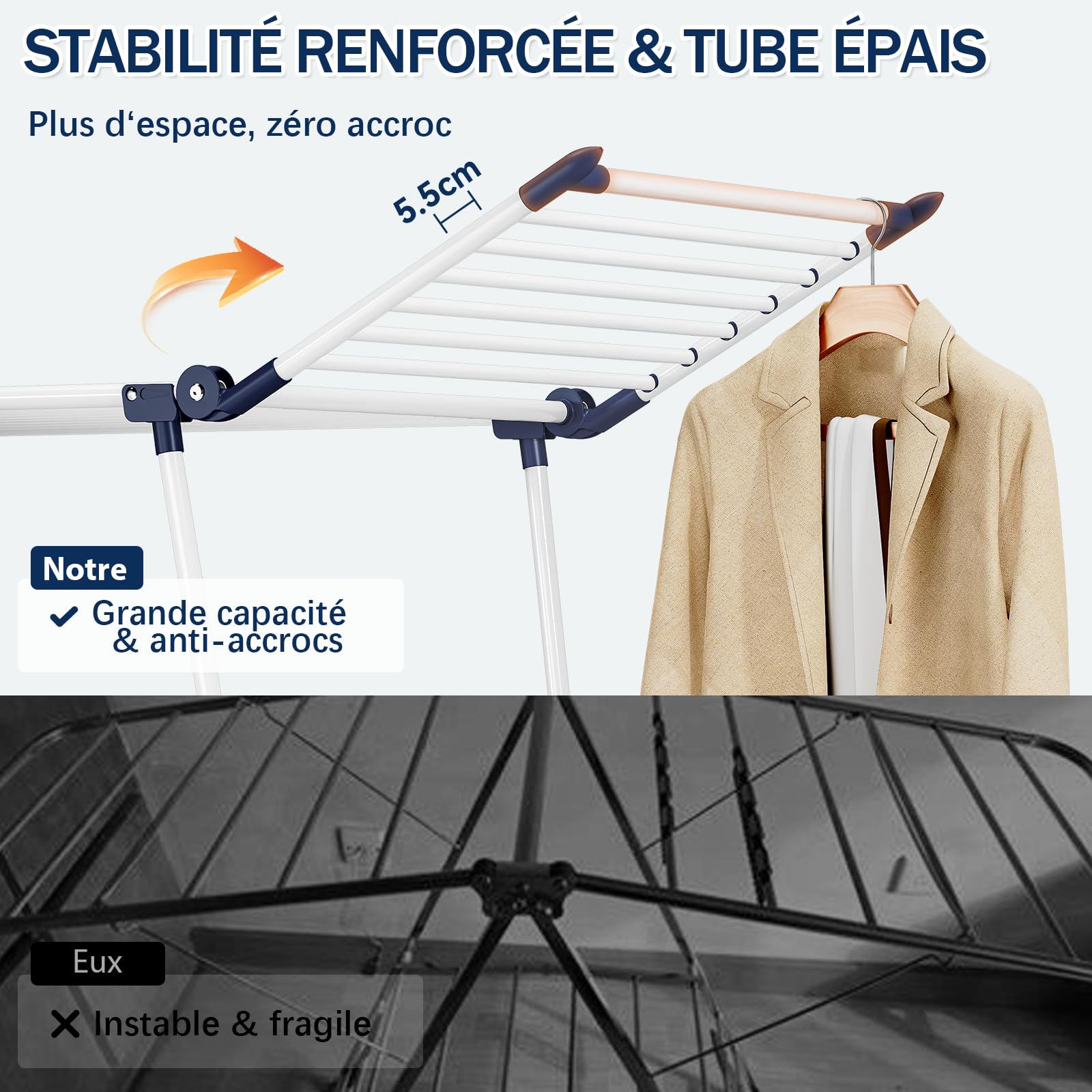 SYKIARIOL Étendoir à Linge Intérieur Pliable - Séchoir à Linge Intérieur sur Pied Pliable, Etendoir Linge Solide et Inoxydable - 175 x 105 x 60 cm - pour vêtements, Serviettes et draps(Blanc)