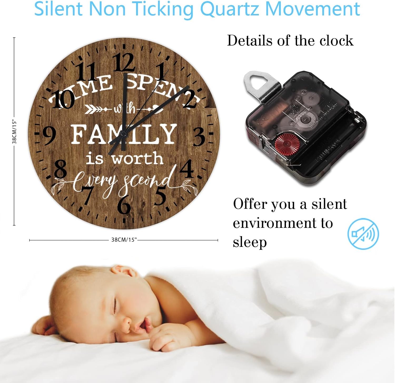 Time Spent with Family is Worth Every Second Wooden Wall Clock 15 Inch, Family Living Room Kitchen Dining Bedroom Wall Clock Modern Battery Operated Silent Non-Ticking Round Clock