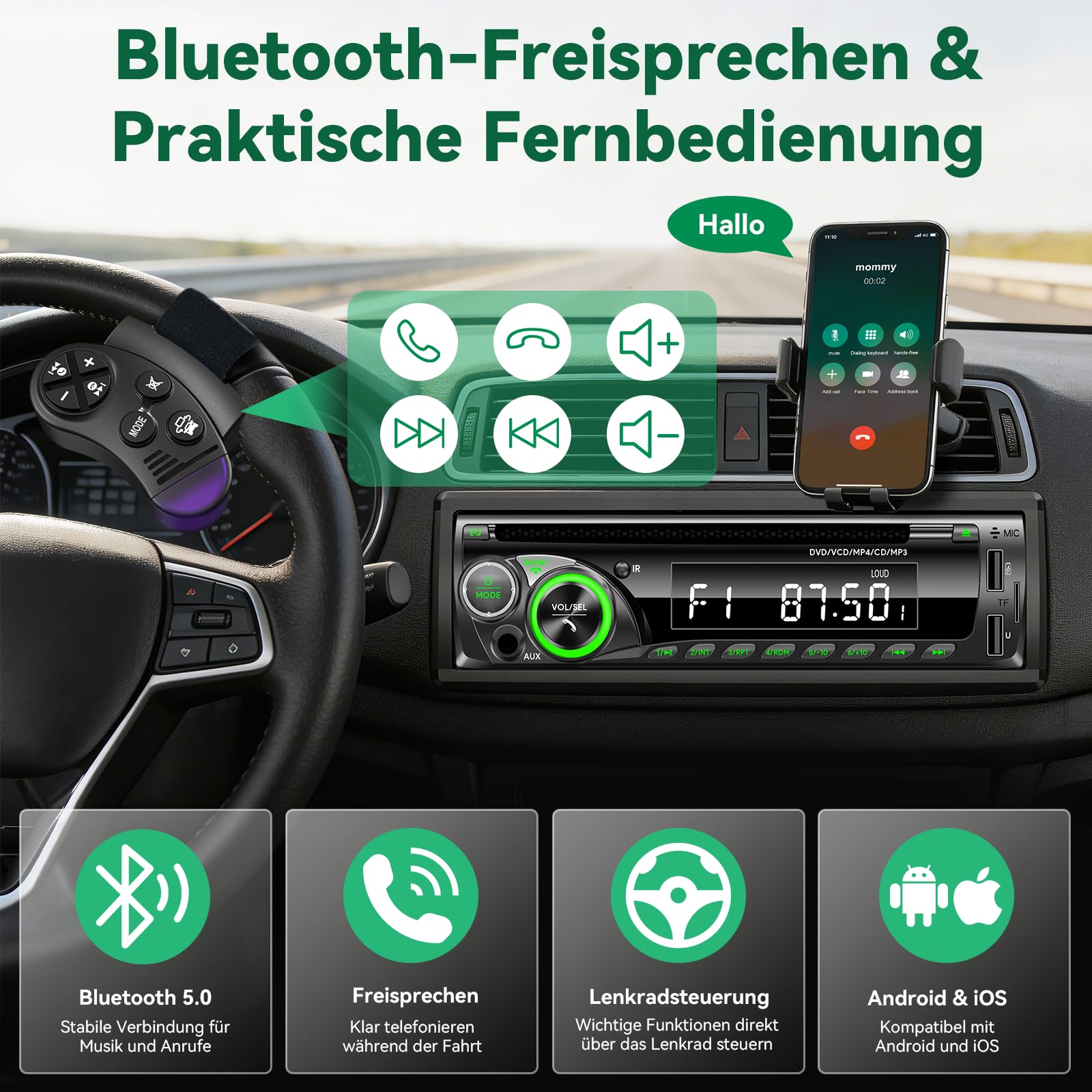 Autoradio Bluetooth mit CD DVD Player, Wistrue RDS/FM/AM Autoradio 1DIN,7 Farben Radio mit 2 USB SD/AUX/Lenkradfernbedienung,MP3 Player