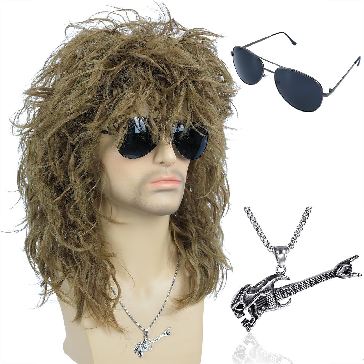 Morvally Men’s Women 80s Rocker Mullet Wig with Glasses and Necklace – Long Blonde Curly Glam Rock-Rockstar Wig – Perfect for Halloween, Cosplay, DIY Themed Costume Party Morvally Men’s Women 80s Rocker Mullet Wig with Glasses and Necklace – Long Blonde Curly Glam Rock-Rockstar Wig – Perfect for Halloween, Cosplay, DIY Themed Costume Party