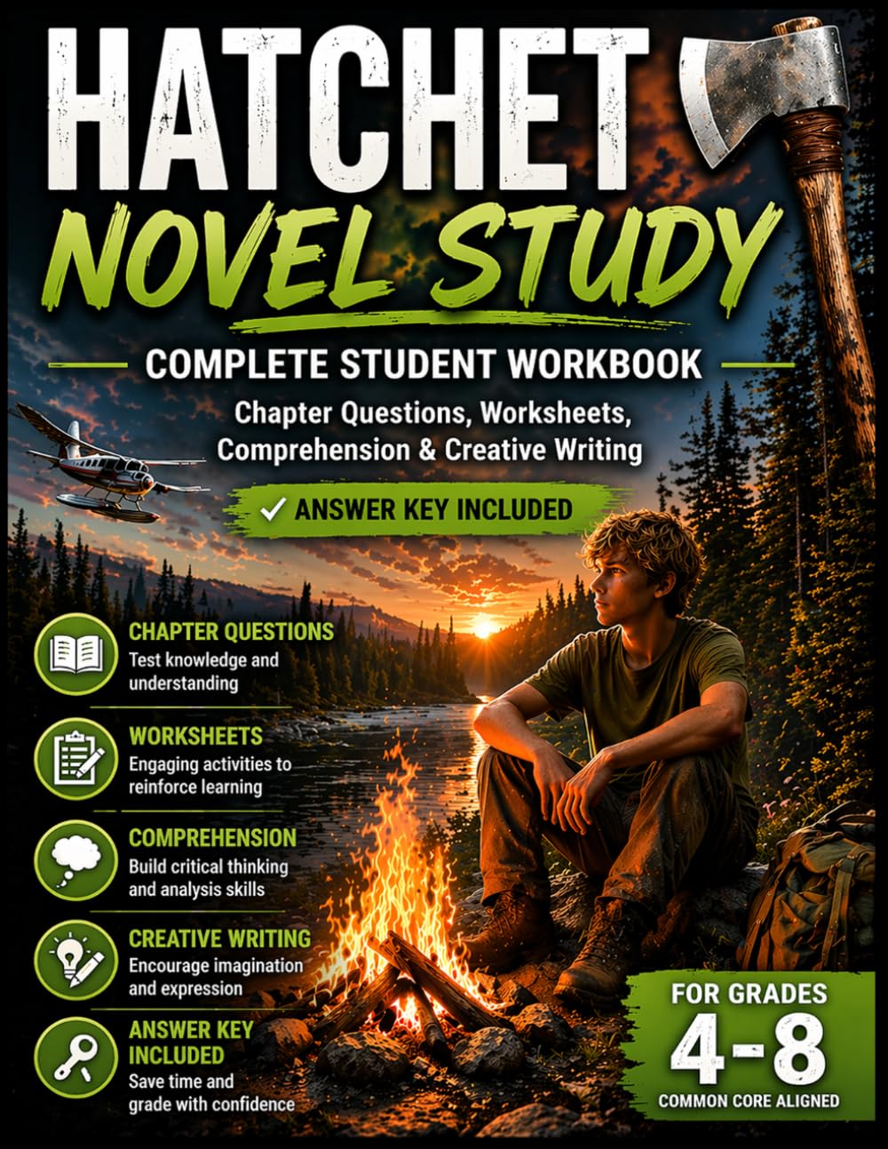 Hatchet Novel Study: Complete Student Workbook with Chapter Questions, Worksheets, Comprehension Activities & Creative Writing Prompts for Grades 4–8