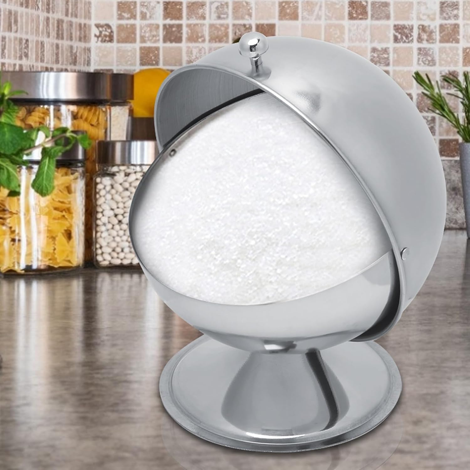 Stainless Steel Seasoning Box, Spherical Condiment Jars with Swivel Cover Seasoning Organizer Kitchen Container for Salt Snacks Flour Dry Goods Fruits
