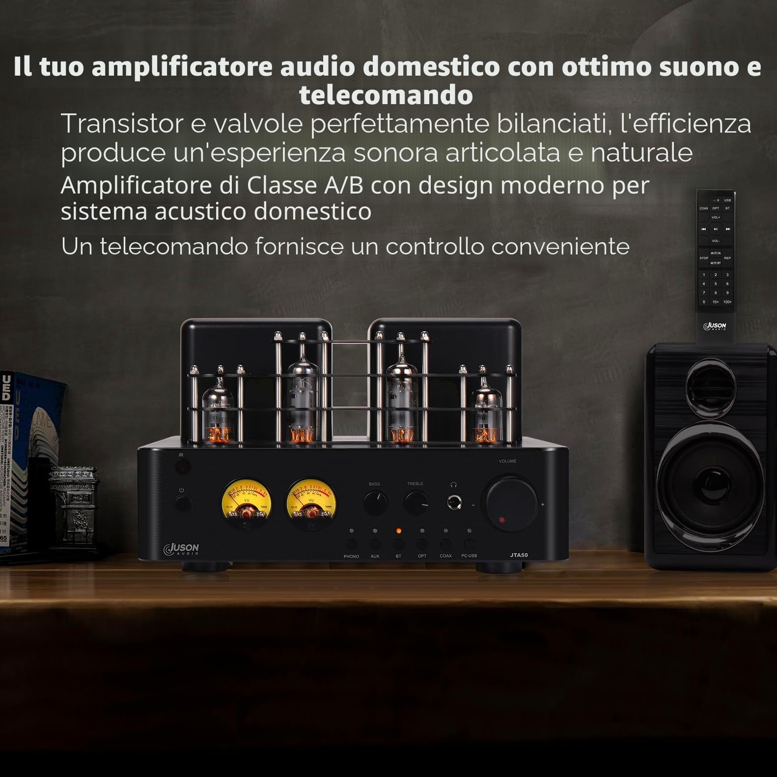 Juson Audio JTA50 Amplificatore a tubo amplificatore Hi-Fi con BT 5.0, telecomando, AUX, COAX, ingresso Phono e USB, uscita subwoofer, 2.1CH per giradischi