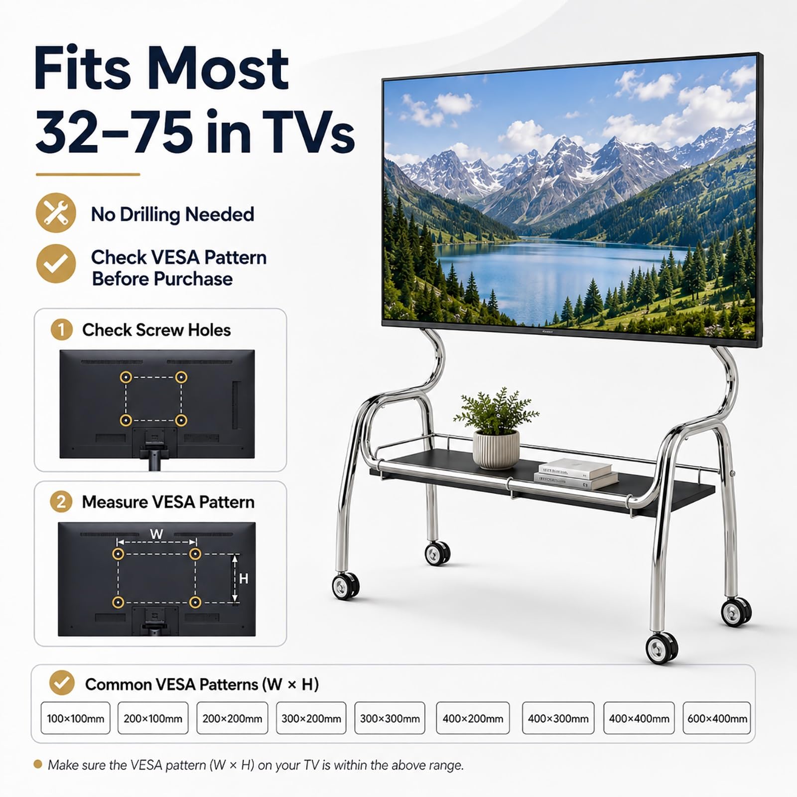 Carrello TV Mobile Portatile, Supporto TV con Ruote | Acciaio Inossidabile, Ruote con Blocco e Mensola Portaoggetti per TV da 32–75 Pollici(White,120cm/47in)