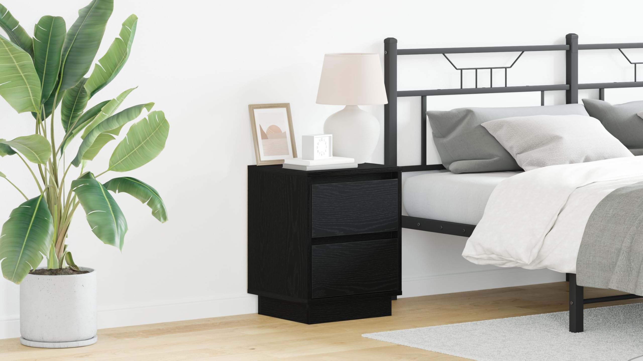 Schwarze Eichen-Nachttische mit LED-Beleuchtung und sanft schließenden Schubladen – Moderner Beistelltisch mit Stauraum für Schlafzimmer, 2 Schubladen pro Schrank,