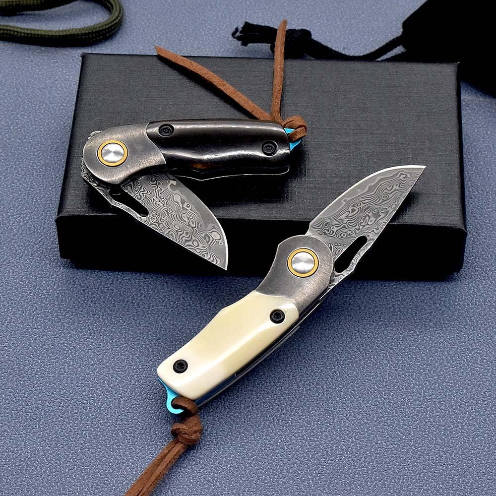 Klappmesser 3.7" Klein Damast Taschenmesser aus Rinderknochen Damaszener Damaststahl, edc messer outdoor scharfe einhandmesser, Damaskus Geschmiedet Stahl Messer Survival Jagdmesser, mini neck knife