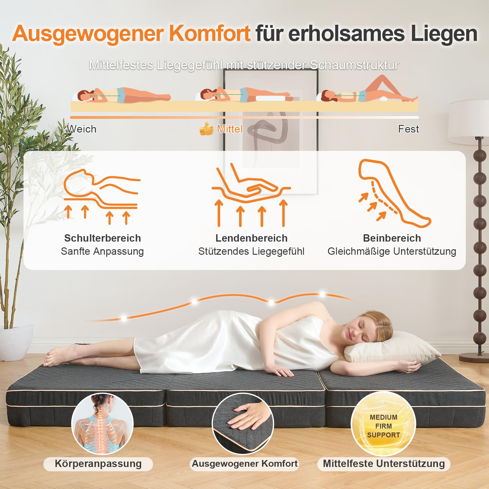 OIGAE Klappmatratze 90x200x15 cm, 3-teilige Faltmatratze mit Memory-Schaum & Stützschaum, Faltbare Bodenmatratze für Zuhause, Reise & Camping, waschbarer Bezug, Tragegriffe, Dunkelgrau