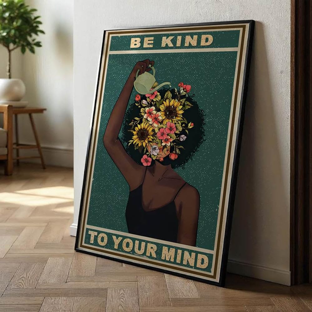 Be kind to your mind Poster, Achtsamkeit mentale Gesundheit Leinwand Bild, Retro Boho Wandbild in grün mit Blumen, Wohnzimmer Schlafzimmer Flur Wanddeko, positive Gedanken Selbstliebe Kunstdruck