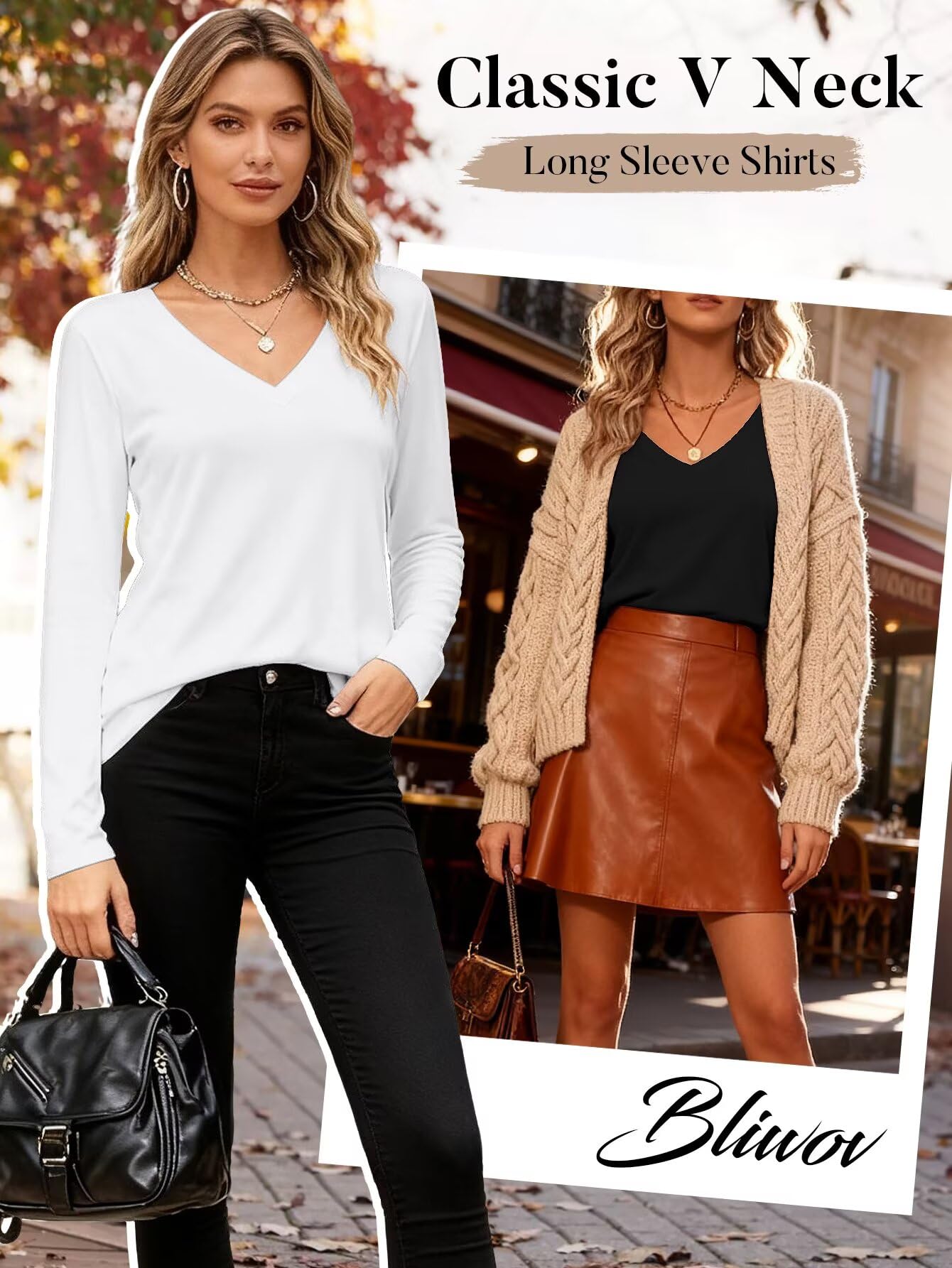 Bliwov Lot de 2 hauts à manches longues et col en V pour femme - Tenue d'automne et d'hiver - T-shirts tendance 2025