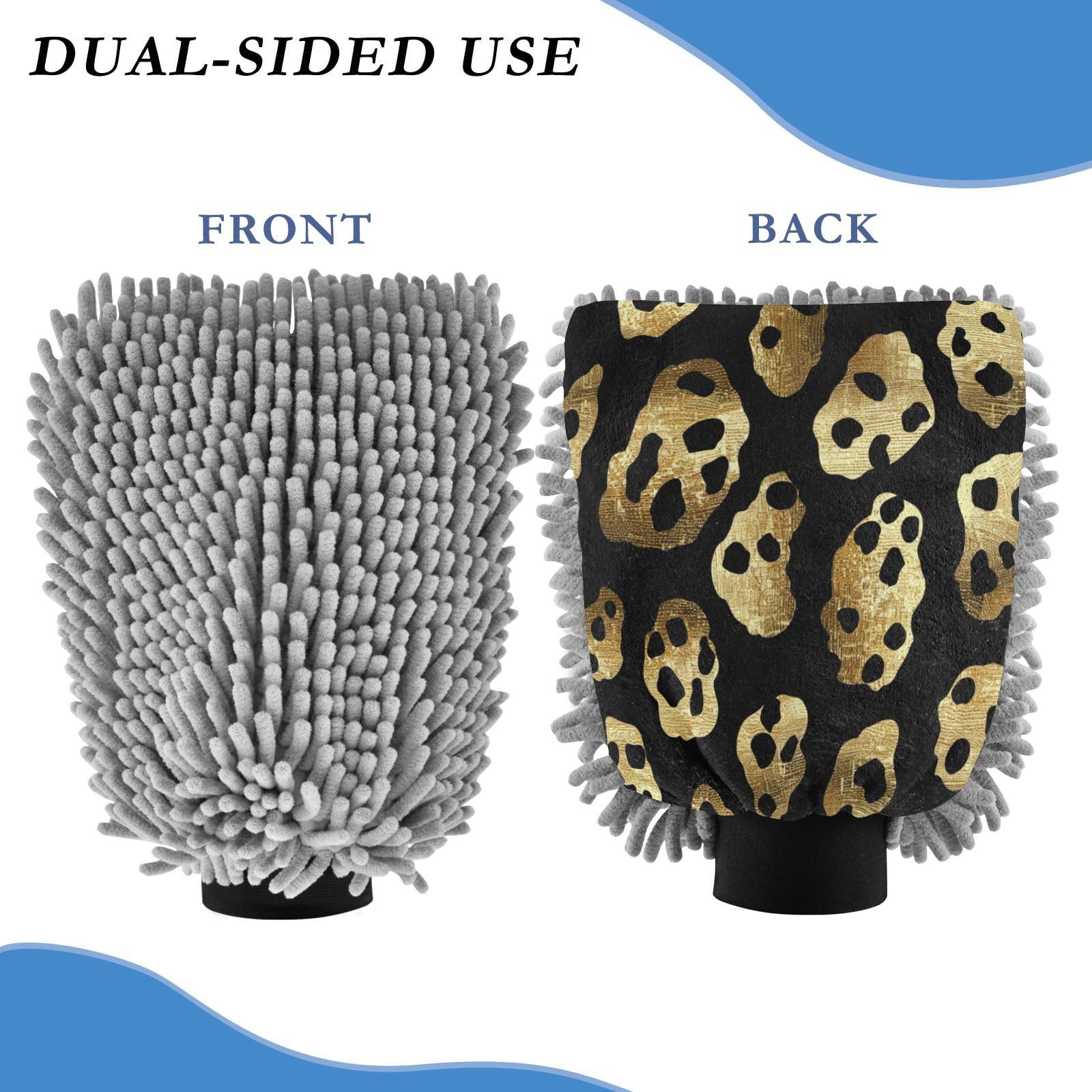 ALAZA Golden Cheetah Leopard Print Car Wash Mitt Scratch Free, 2 Pack Absorbent Microfiber/Chenille Washing & Drying Mitts, L