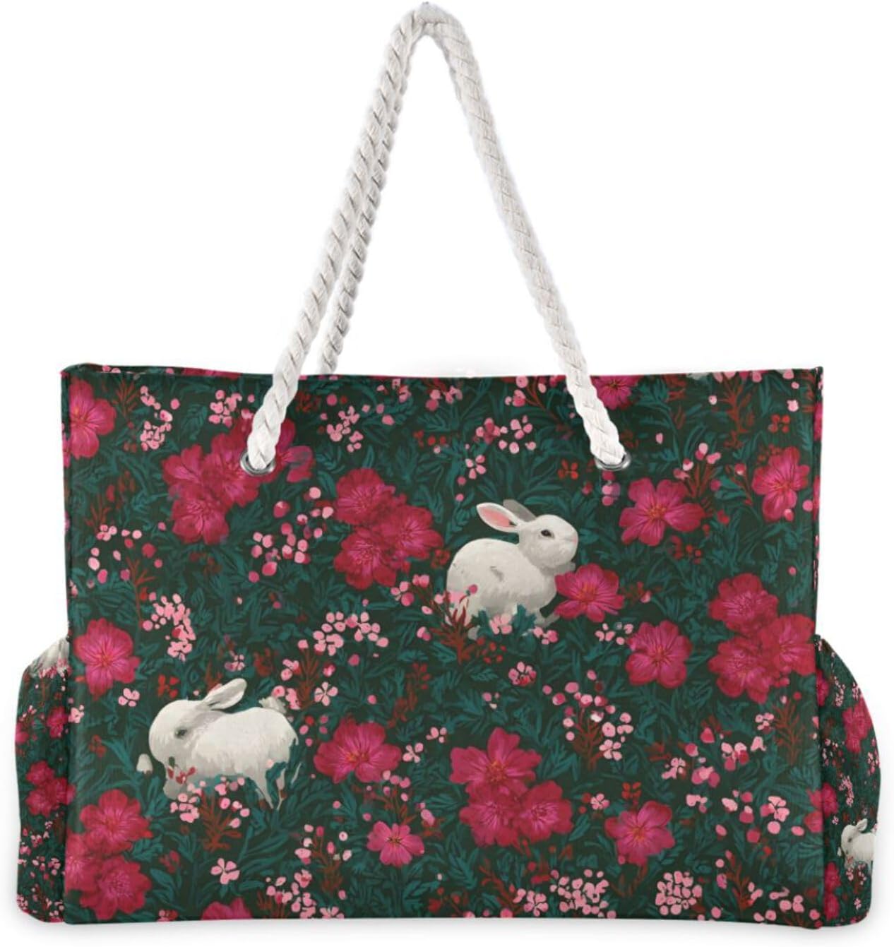 OTVEE White Rabbits and Blossoms Beach Bags for Women Ladies Large Canvas Tote Shoulder Bag Waterproof Travel Bags for Gym Swim Pool Camping