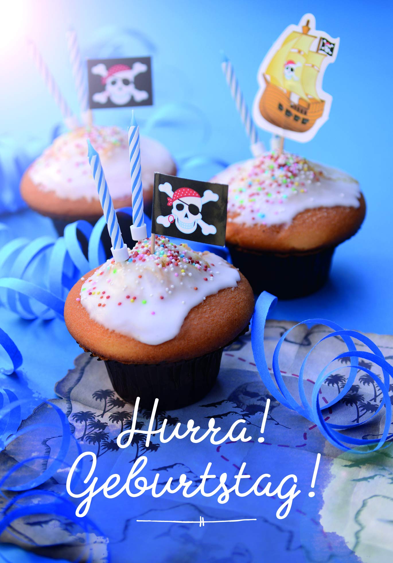 Children's Birthday Card Boy/Muffins with Pirate Candles/Blue/Superhero/Have a Heroic Birthday