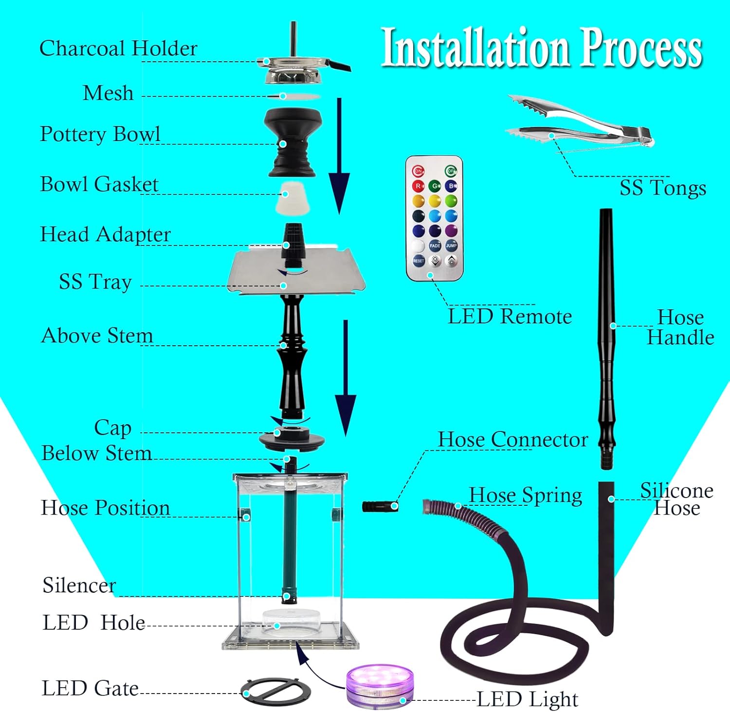 Hookah Set 2 Hose Hookahs Premium Pilot Hookah With Complete Hookah Accessories LED Light Travel Bag Hookah Tips Shisha Hooka With Everything (Polit-Black) - Image 2