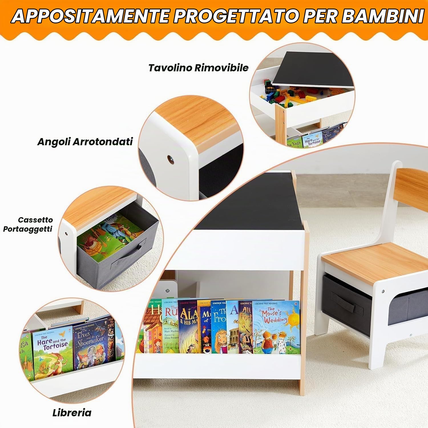Asweets Tavolino Legno Bambini con 2 Sedie, Set di Tavolo Multiattivita Bambini con Lavagna e Vano Portaoggetti e Scaffalature, Tavolo Interattivo da Disegno, Costruzioni, Studio per Bimbi 3-6 Enni