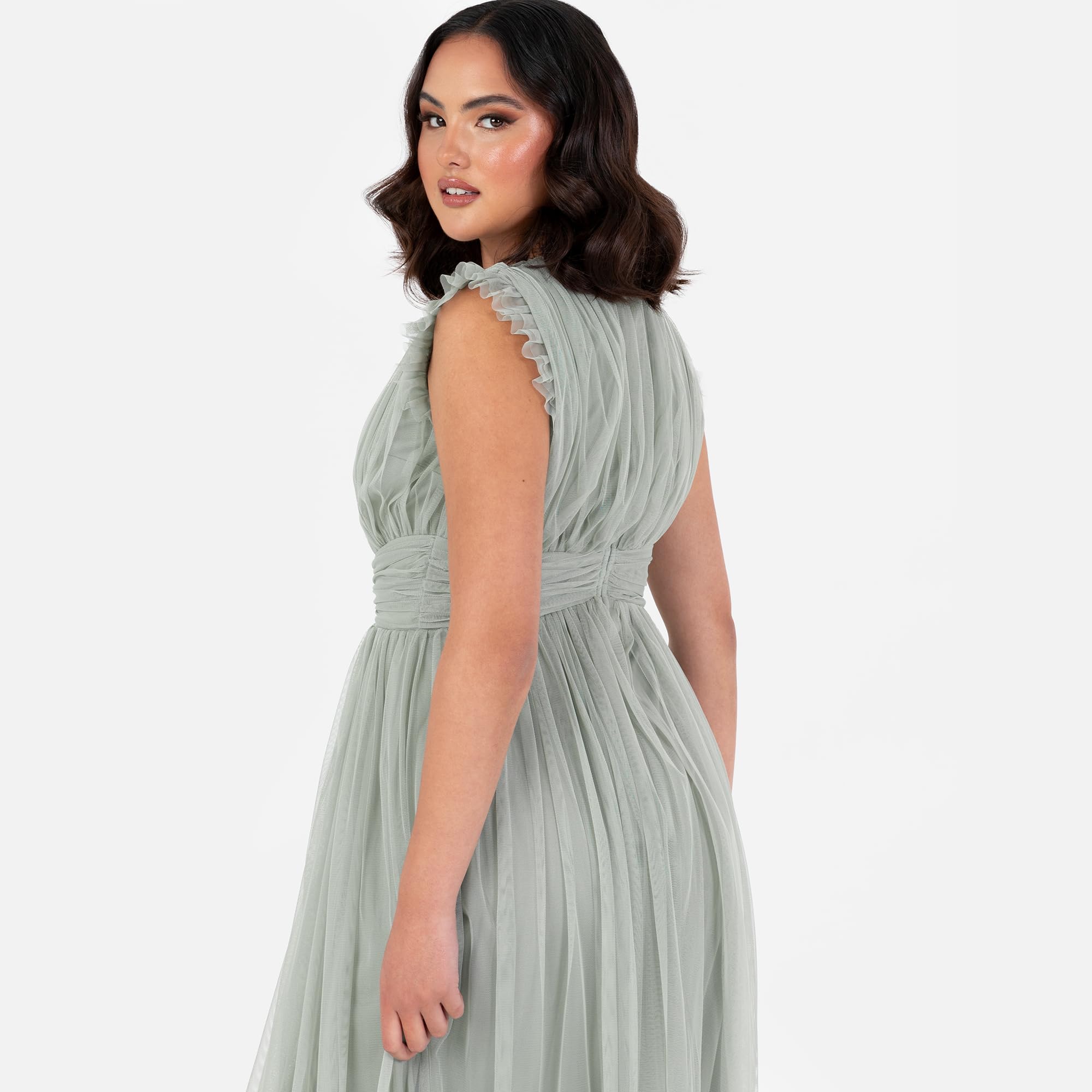 Anaya with Love Damska sukienka maxi damska z dekoltem w serek krótki rękaw split tiul linia A dla gości weselnych wieczór panieński okazja Ball Gown Kobiety, Mrożona zieleń, 42
