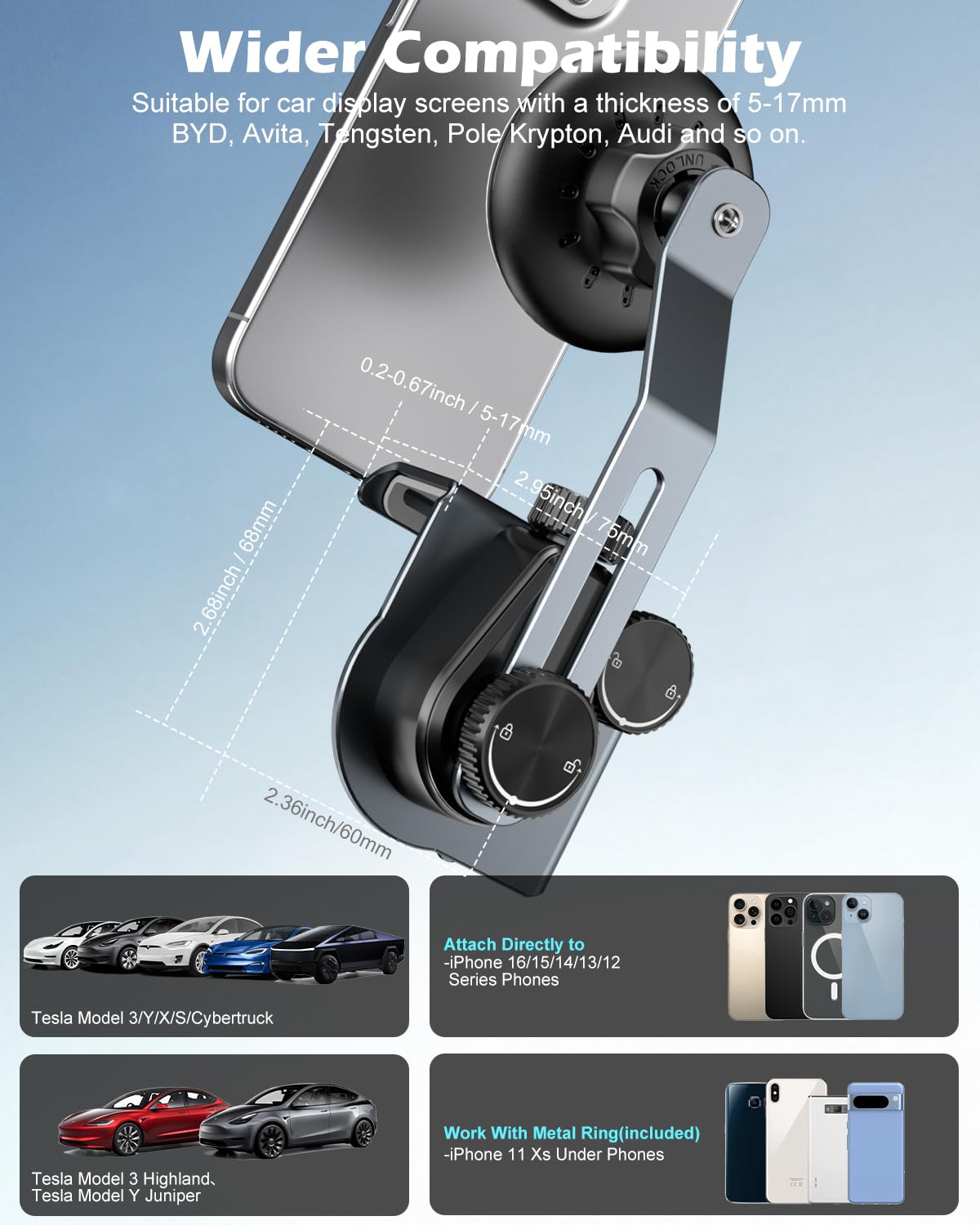 CloudValley Cargador Inalámbrico Qi2 15W con Soporte Magnético para Móvil en Tesla Model Y/3, Soporte de Metal Extensible, Compatible con magnético para Tesla Model 3/Y/S/X/Cybertruck