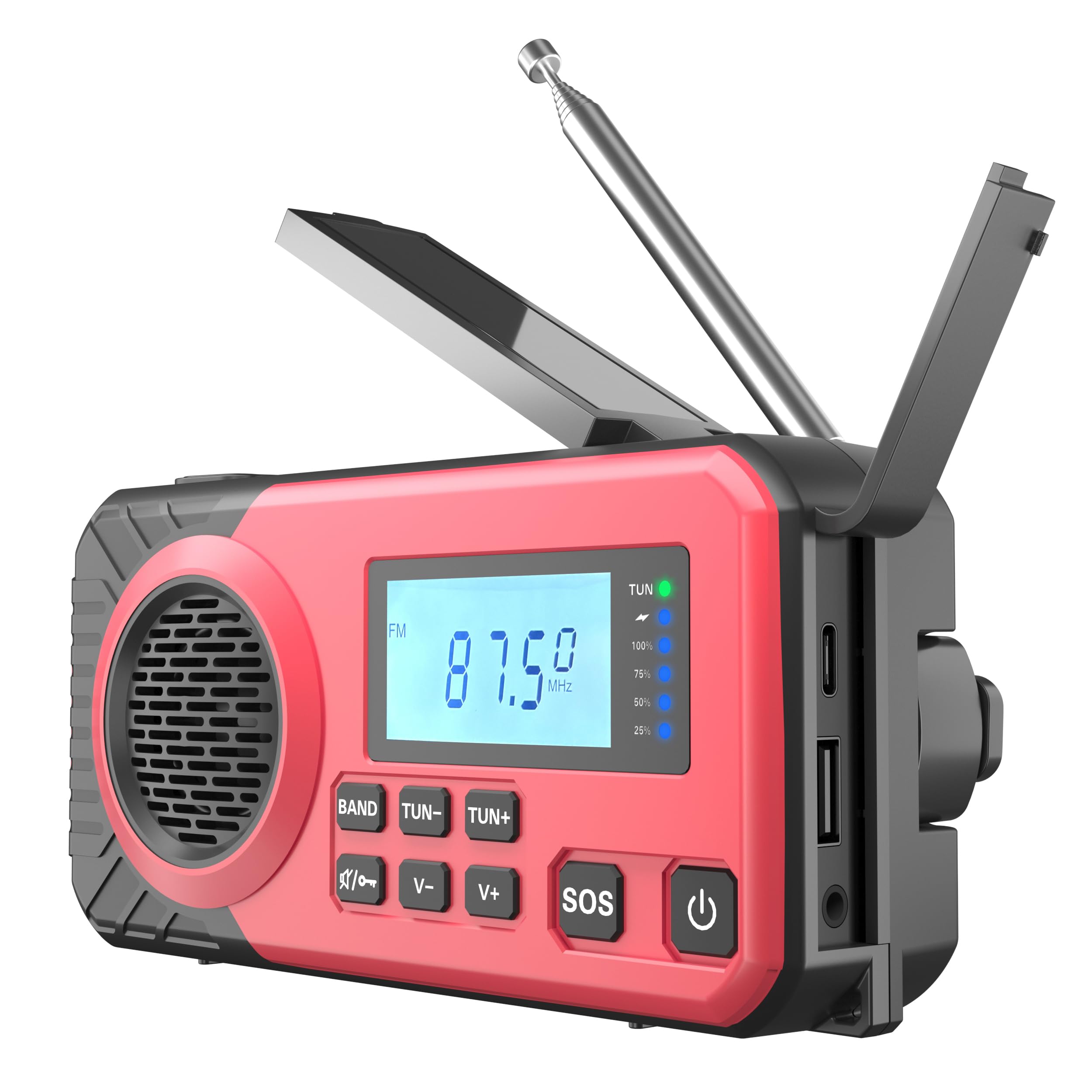 Acta Berg Emergency Solar Crank Radio With 5000 mAh Battery, World Receiver, AM/FM/SW, USB, Torch & Charger - Red