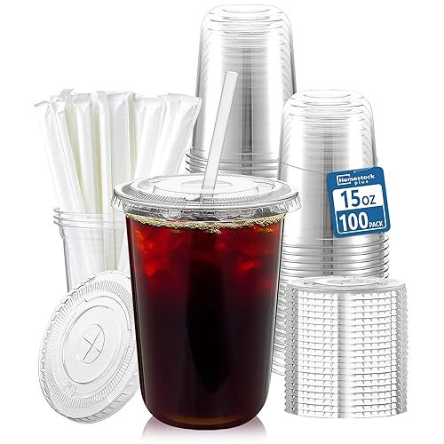 Homestockplus 15 oz Clear PET Plastic Cups with Lids and Straws - 100 Pack Leak-Proof Disposable Plastic Coffee Cups Iced Coffee Cups for Smoothies, Bubble Tea & To-Go Cold Drinks