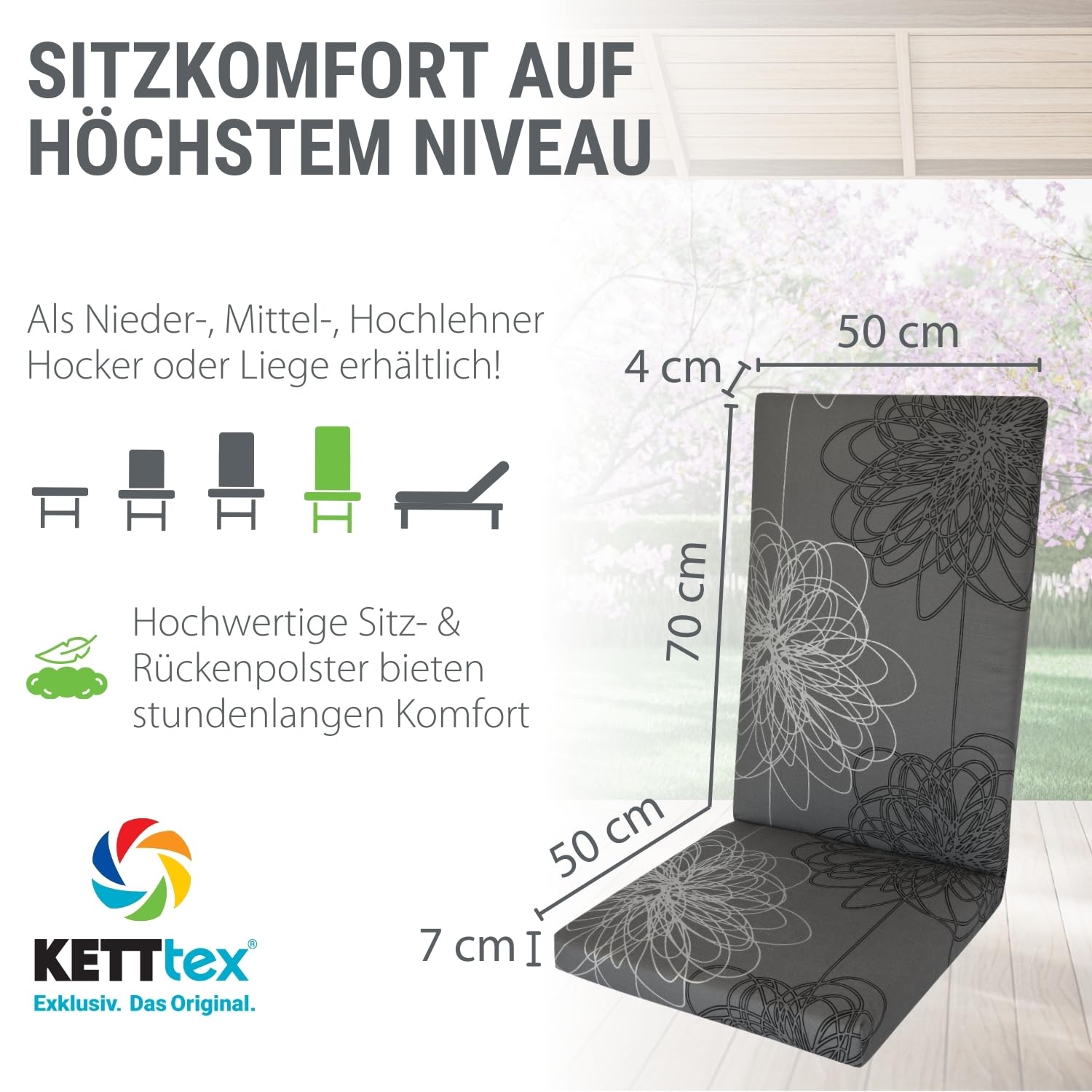 KETTtex Comfort Auflage Hochlehner anthrazit floral I Gartenstuhl Polster 123x50x7/4cm I hochwertige und Pflegeleichte Sesselauflage I Wetter- und formbeständige Stuhlauflage I KTH2 Sitzauflage
