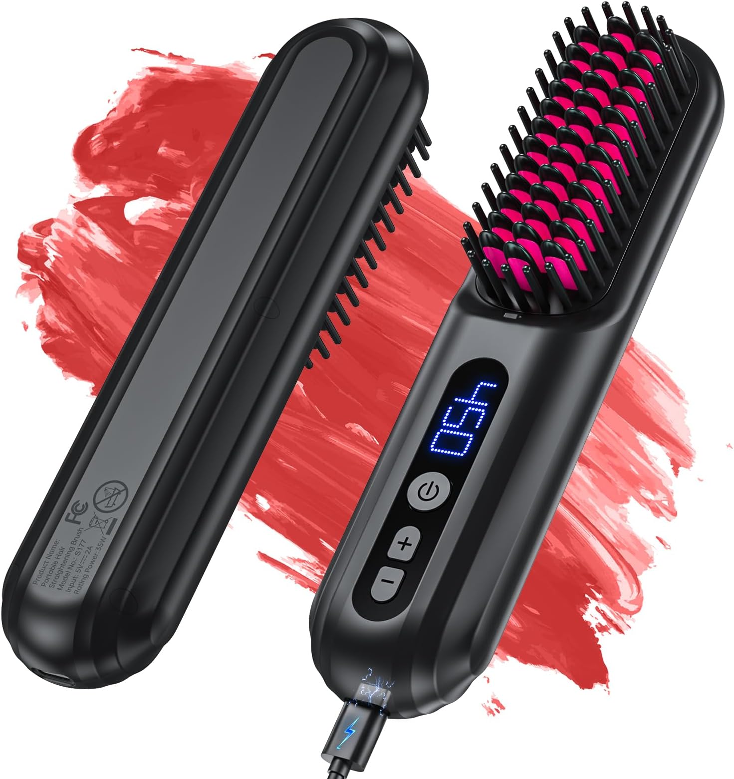 Cordless Hair Straightener Brush, Portable Negative Ion Hot Comb 45Mins Long