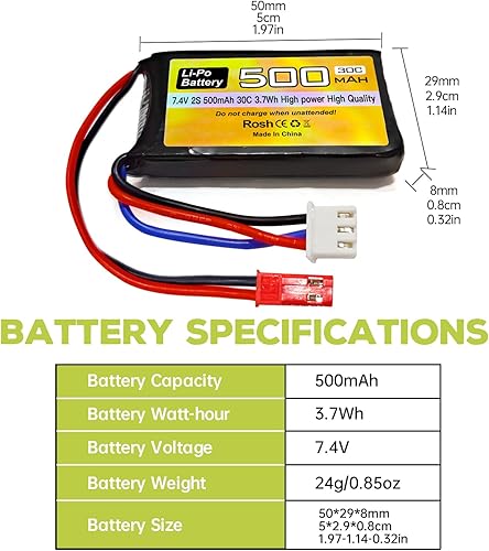 Miniatura 2 de Fytoo Batería Lipo de 7.4V 500mAh 30C con enchufe JST-2P con cargador 2 en 1 para helicóptero RC Quadcopter pequeño avión micro FPV Racing Drone RC