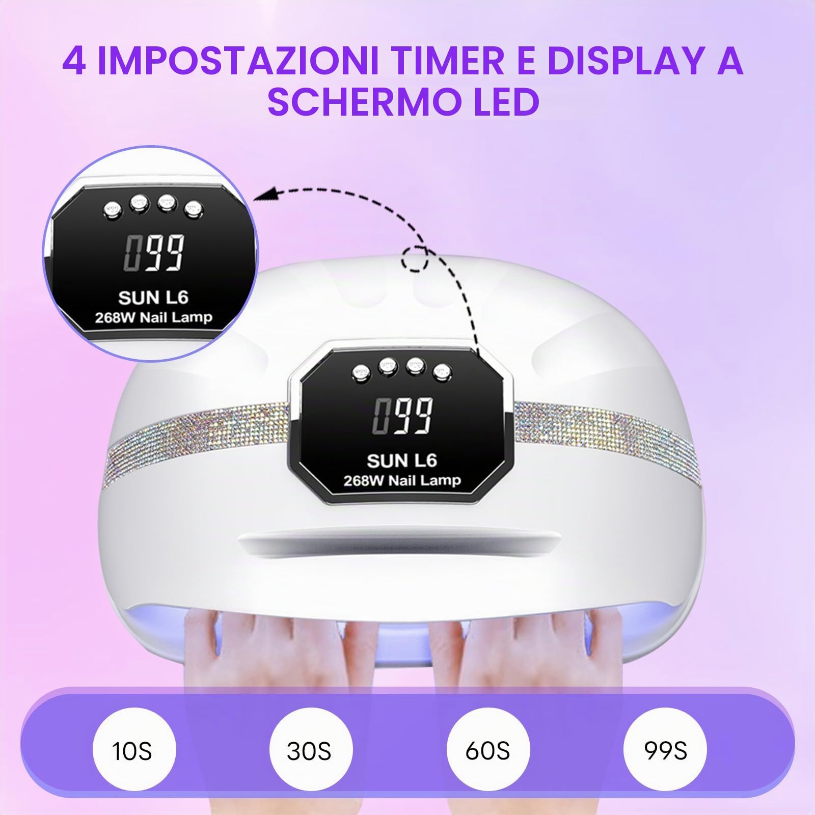 Lampada UV LED Unghie,268W Lampada per Unghie Con 4 Timer e Sensore Automatico,Professionale Fornetto Unghie con 45 LED,Lampada Asciuga Smalto Semipermanente Per Manicure/Pedicure