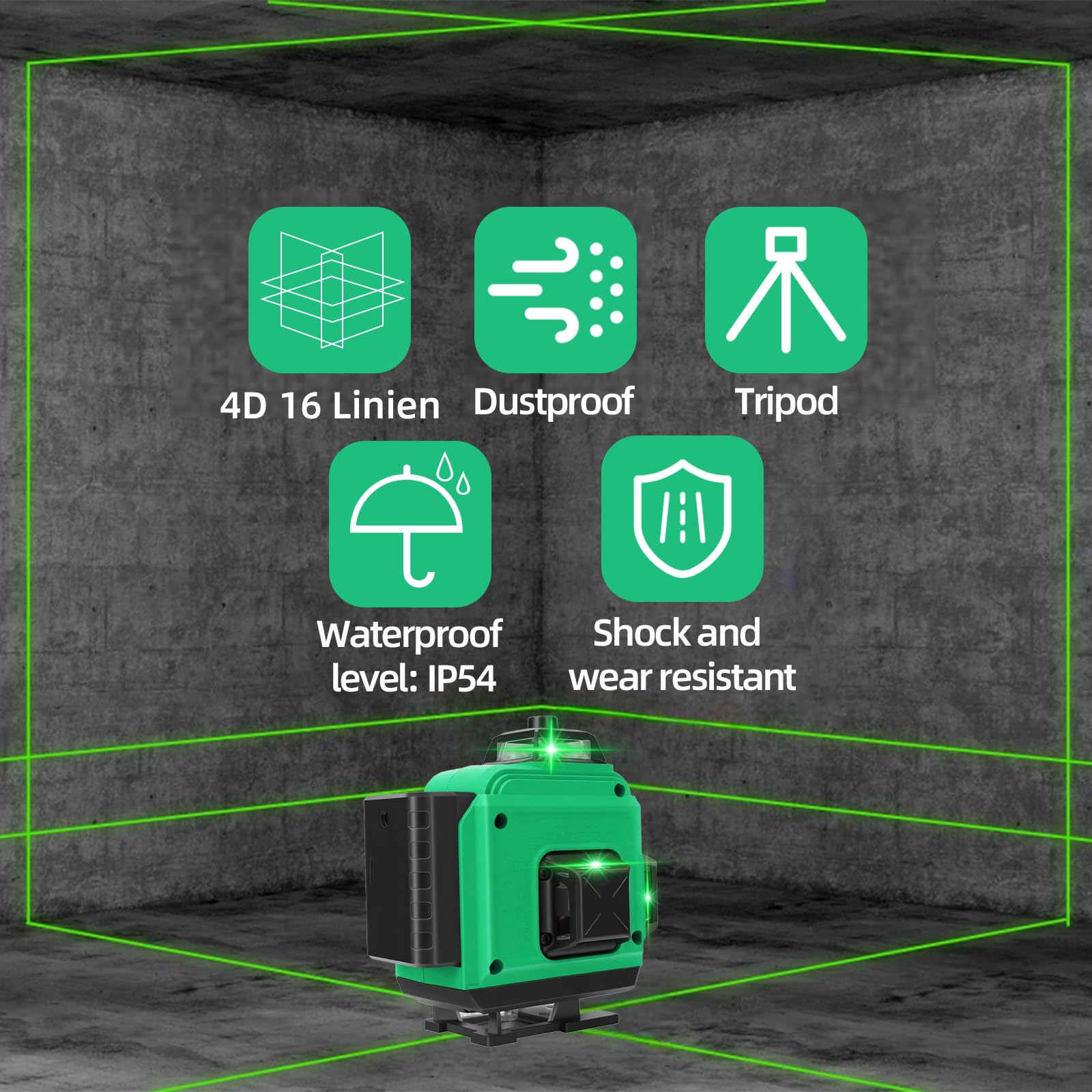Kreuzlinienlaser mit Stativ, Multifunktionaler 4D-Laser mit 16 Linien,laser wasserwaage mit stativ, USB-wiederaufladbares Lithium-Batterie-Nivelliergerät mit,2 * 2400 mAh Batterien Green