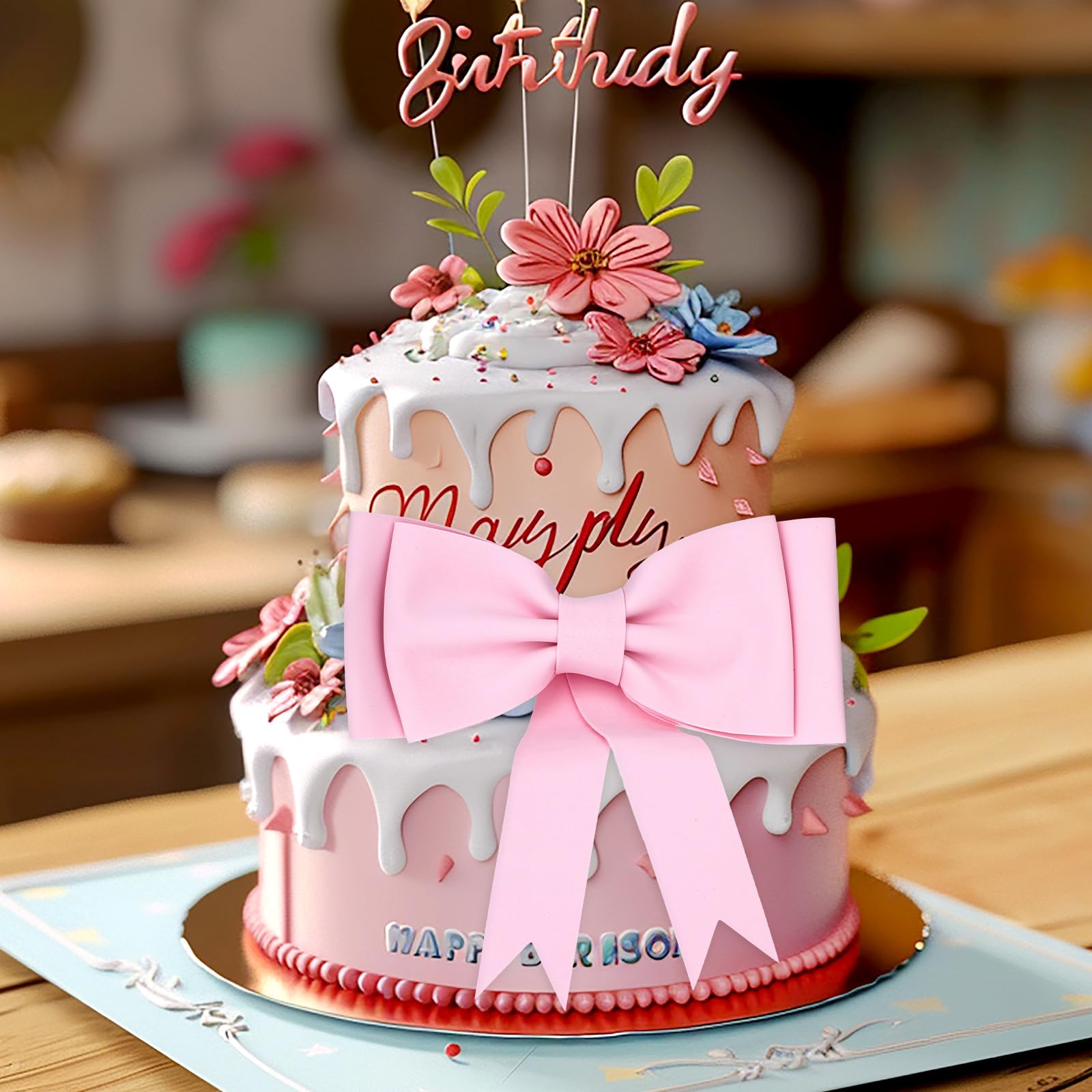JeVenis Topper Per Torta Con Fiocco In Seta Rosa Decorazioni Per Torta
