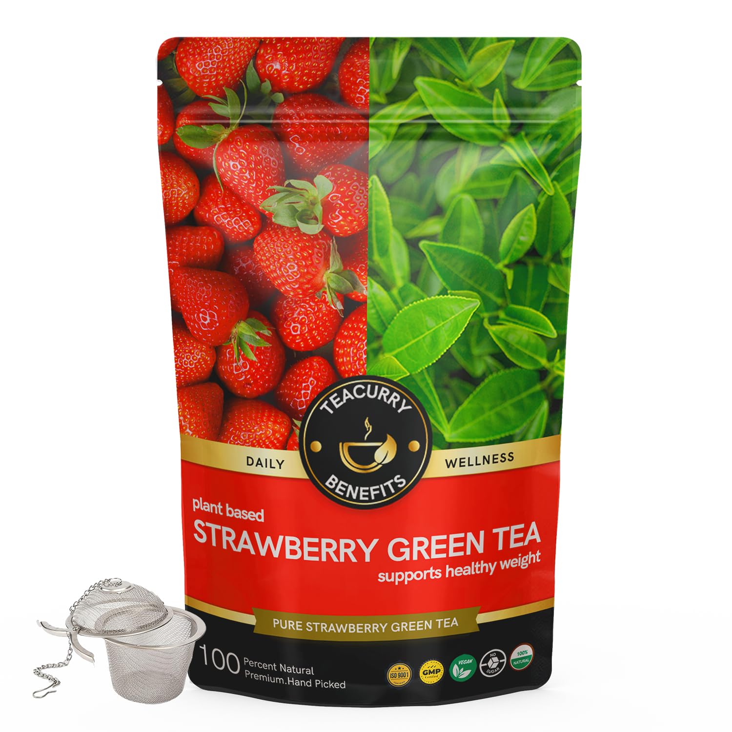 Strawberry Green Tea (200 Gram Loose + Infuser) - Sweet Flavour of Strawberry | Immune With Vitamin-C | Made with Pure Leaf & Natural Ingredients