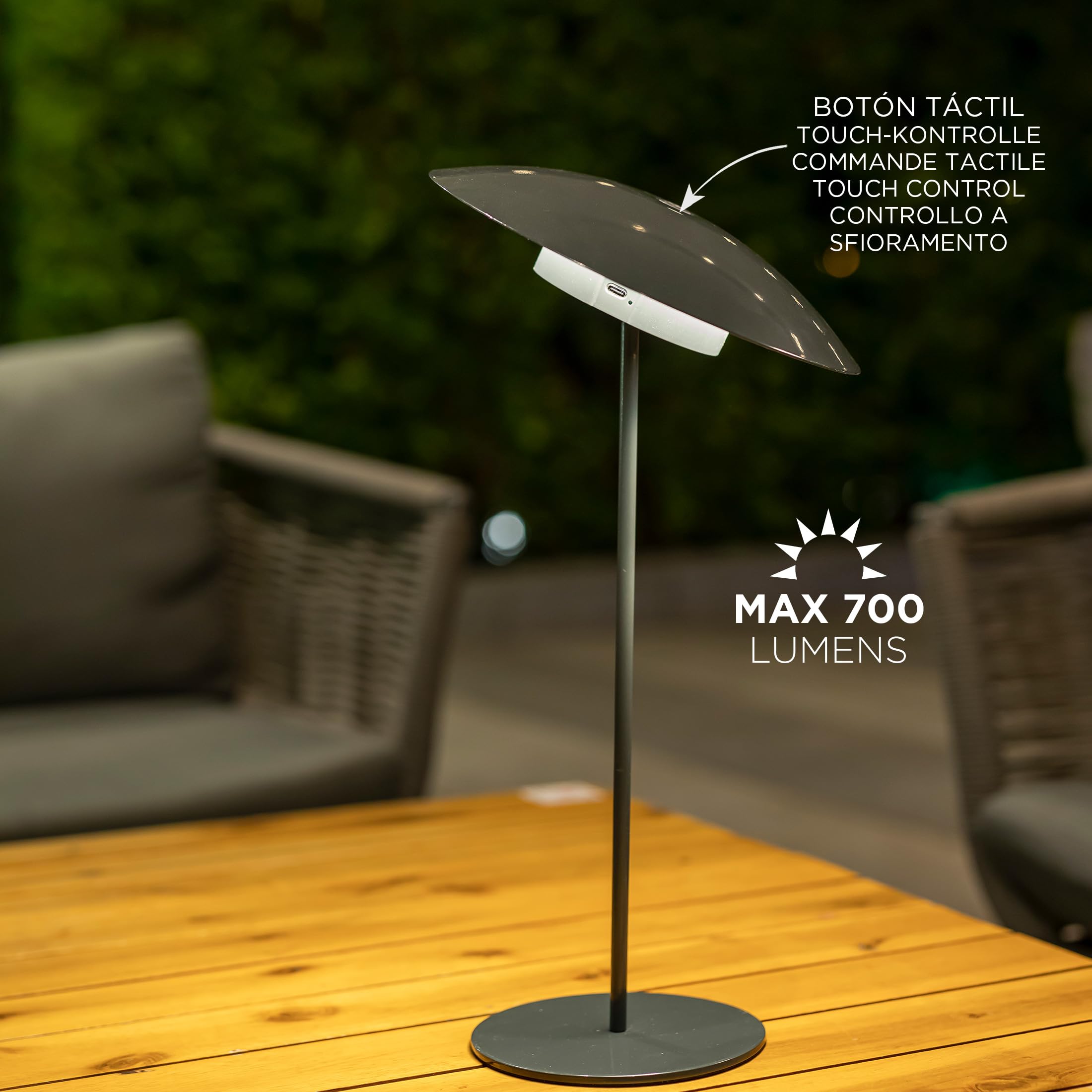 newgarden - Lámpara de Mesa Portátil SARDINIA. Luz LED Cálida 400 Lúmenes Sin Cables. Con Batería Recargable Hasta 20H de Uso (Antracita, 40 cm)