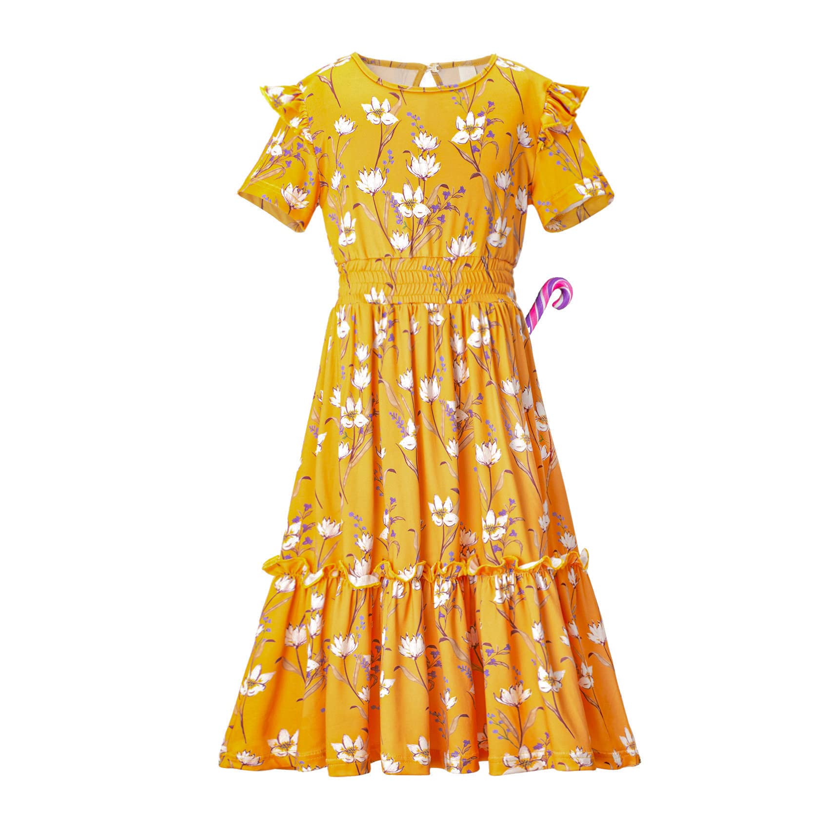 WELAKEN Girls Short Sleeves Floral Printed Dresses with Pocket and Elastic Waistband