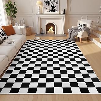 Terrug Black and White Checkered Rug for Living Room,6x9 Area Rugs Washable with Non Slip for Bedroom,Soft Low Pile Stain Resistance Retro Carpet for Dorm Kids Room