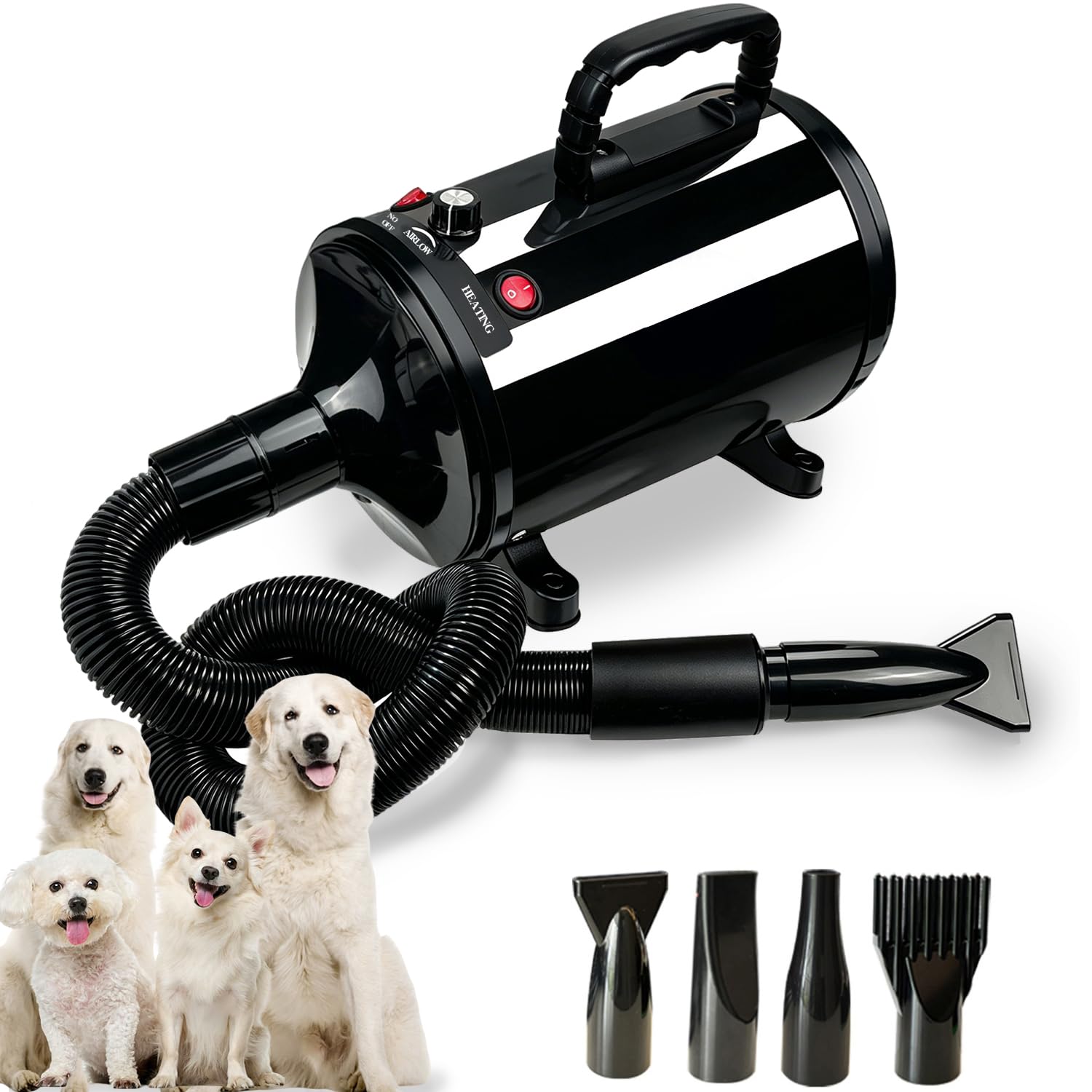 Sèche-Cheveux Pour Chien,2800W Souffleur de Soins Pour Chien,Noir | Pour Animaux Vitesse Continue et température réglable,4 Buses
