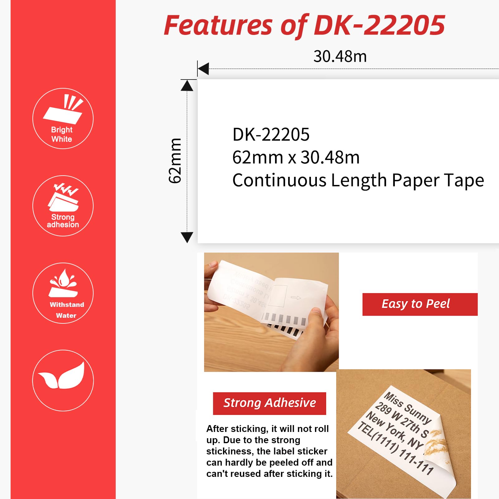 MarkField DK-22205 Endlosetiketten 62mm x 30,48m Kompatibel Brother P-Touch QL-500 570 600 700 710W 720 QL-800 810W 820 820NWB 1110NWB